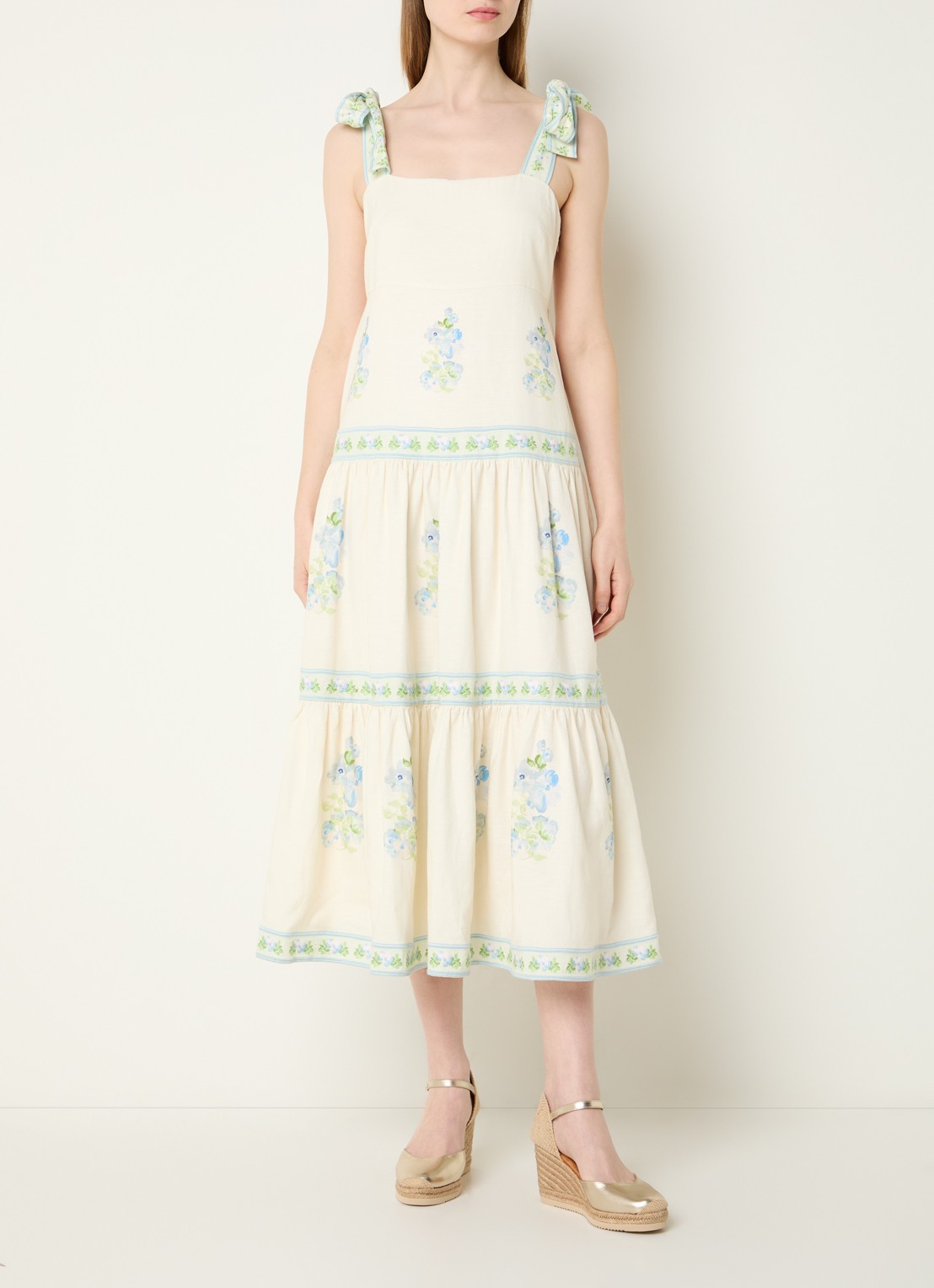 Malina Stefania midi jurk in linnenblend met bloemenprint - detail 2 beige