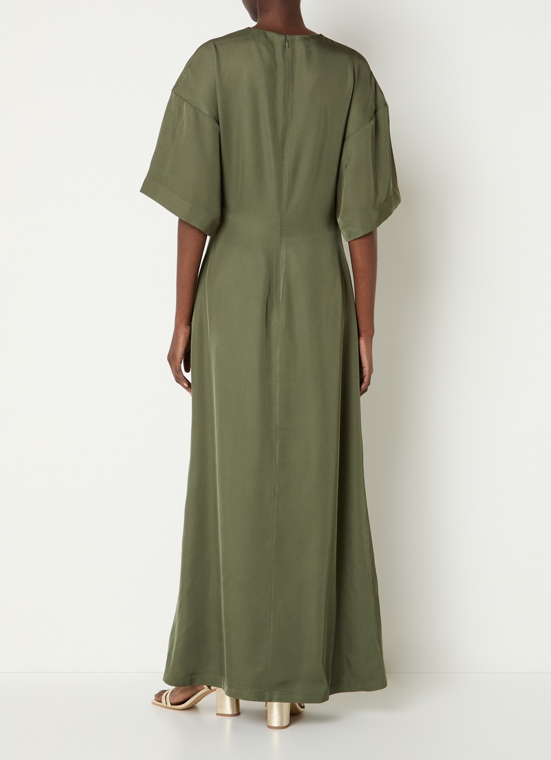 Malina Zilla maxi jurk met gedrapeerd detail - achterkant 2 olijfgroen