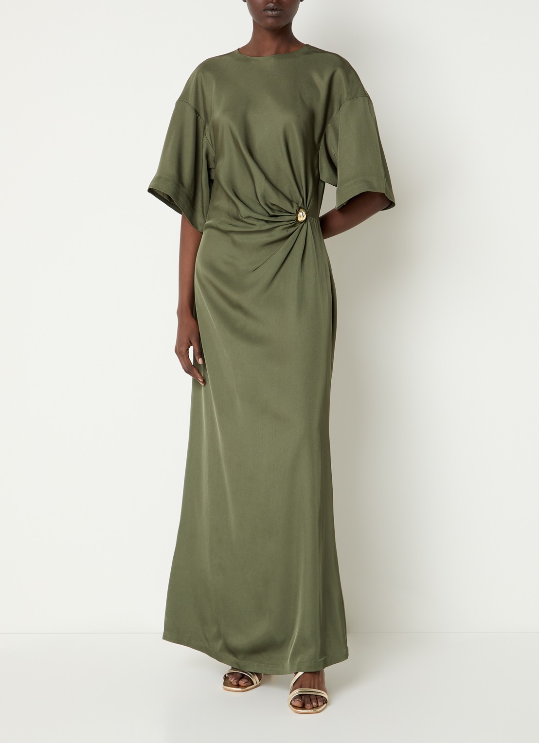 Malina Zilla maxi jurk met gedrapeerd detail - detail olijfgroen