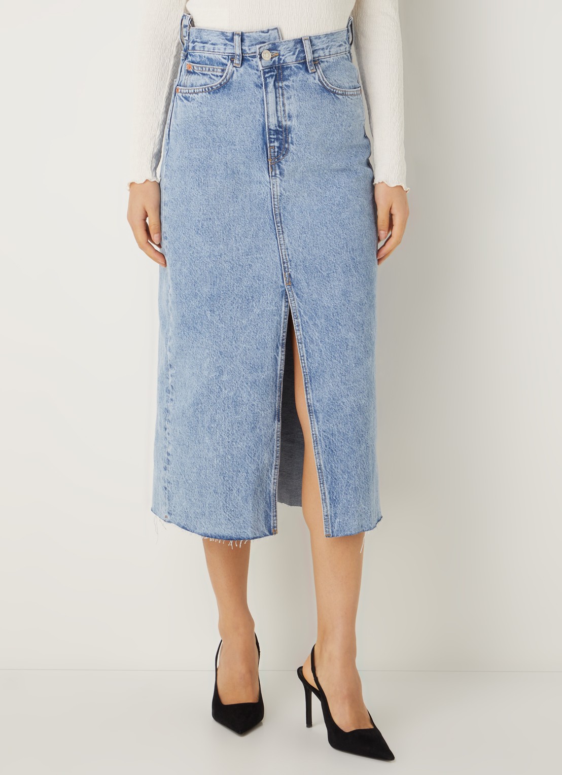 Mango Amalien midi spijkerrok met split - detail indigo