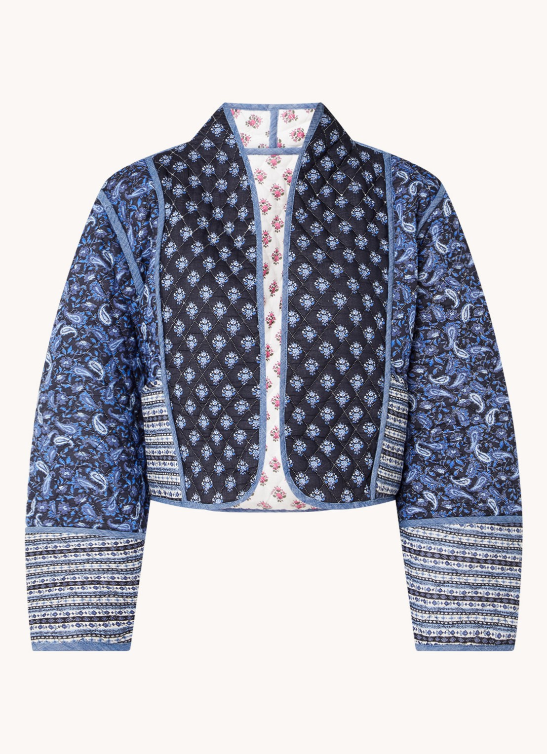 Mango Flores oversized fit reversible openvallend vest met bloemenprint - voorkant 3 middenblauw