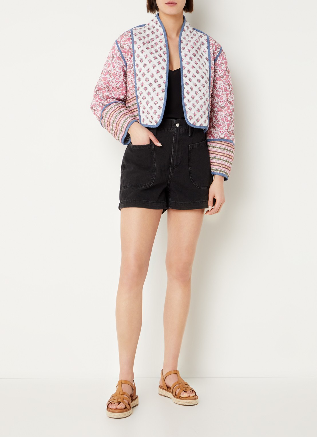 Mango Flores oversized fit reversible openvallend vest met bloemenprint - voorkant 5 middenblauw