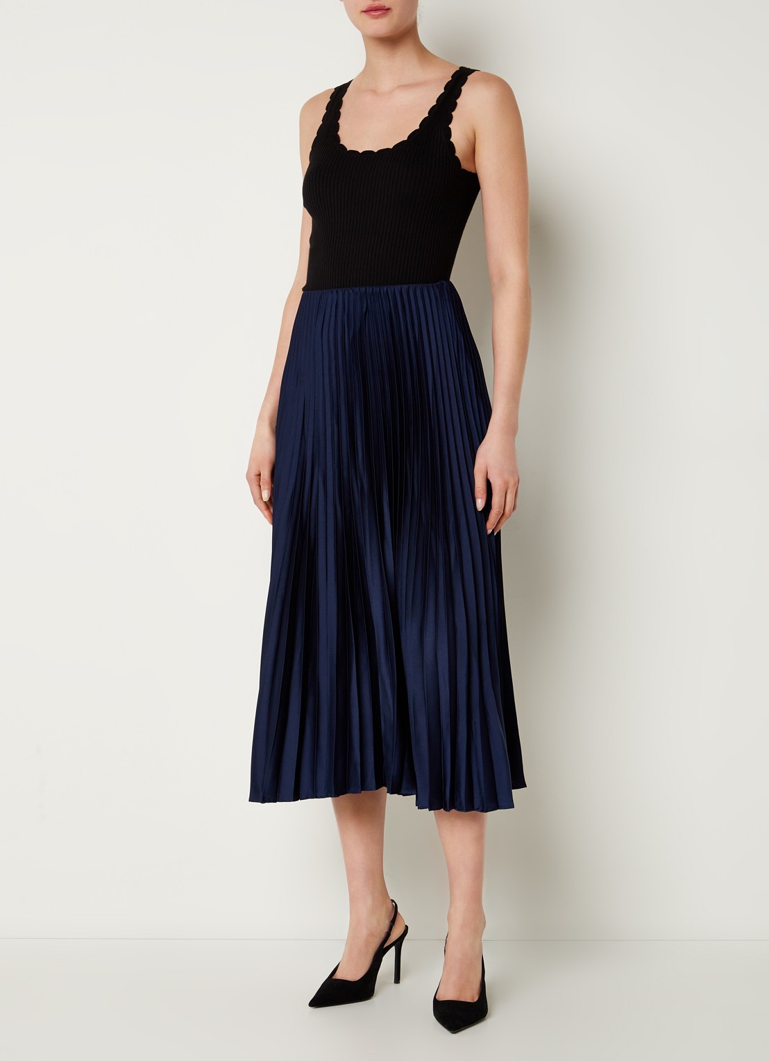 Mango Plisado midirok van satijn met plissé - voorkant 3 donkerblauw