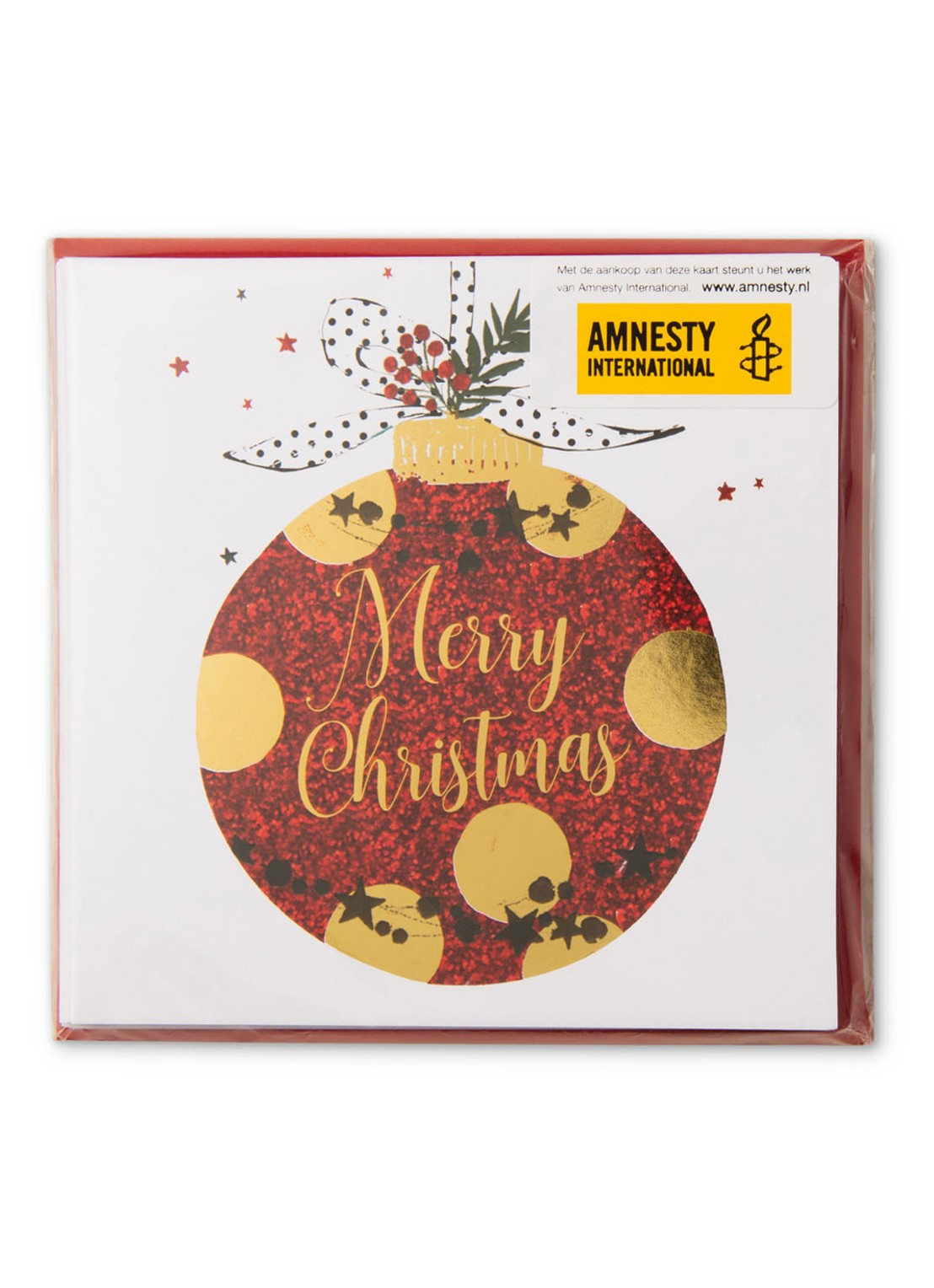 MAP Publishing Amnesty International, Kerstbal Merry Christmas - 1 design - Kerstkaart met envelop set van 8 - voorkant 4 steenrood