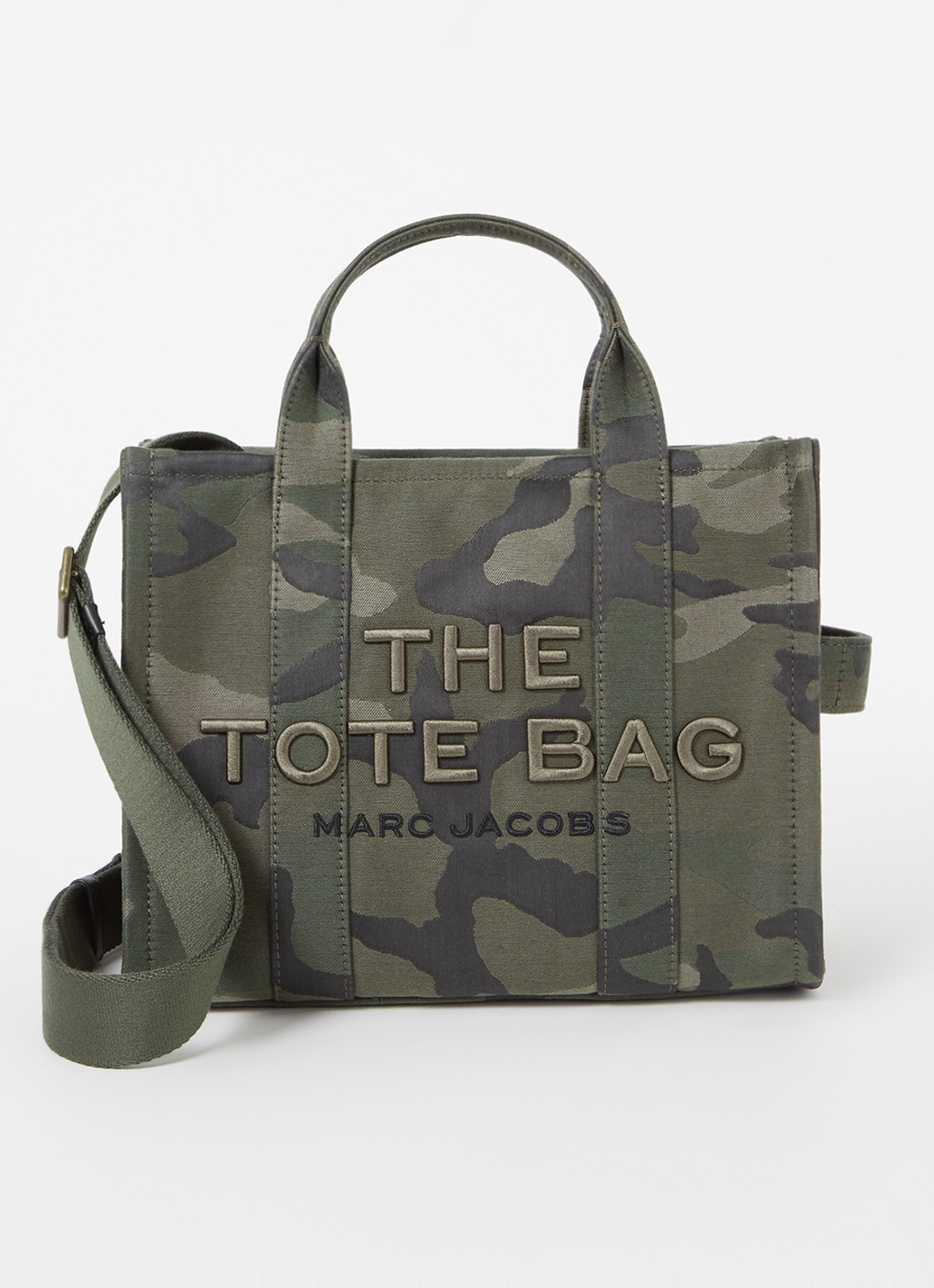 Marc Jacobs The Medium Tote handtas van canvas met jacquard dessin en logo  - voorkant 2 legergroen