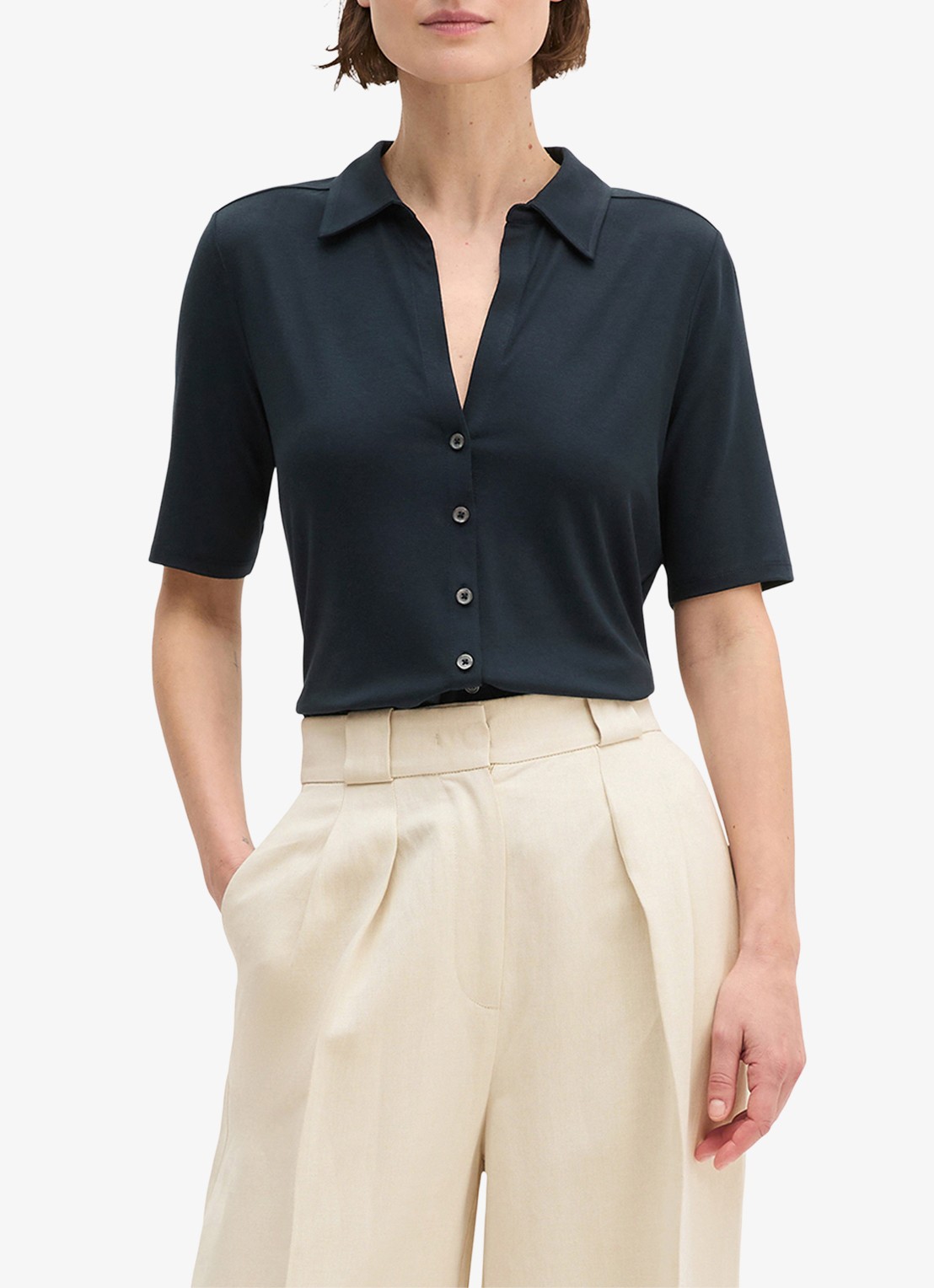 Marc O'Polo Blouse met wide spread kraag - detail 3 donkerblauw