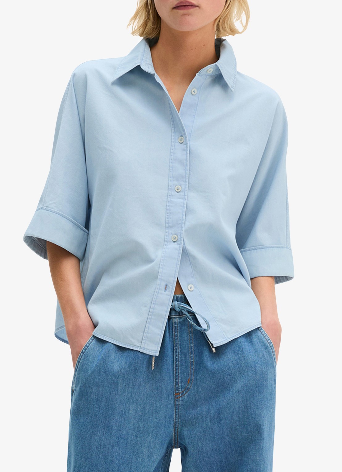 Marc O'Polo Blouse van denim met korte mouwen - detail 4 light blue multi 02 / blauw