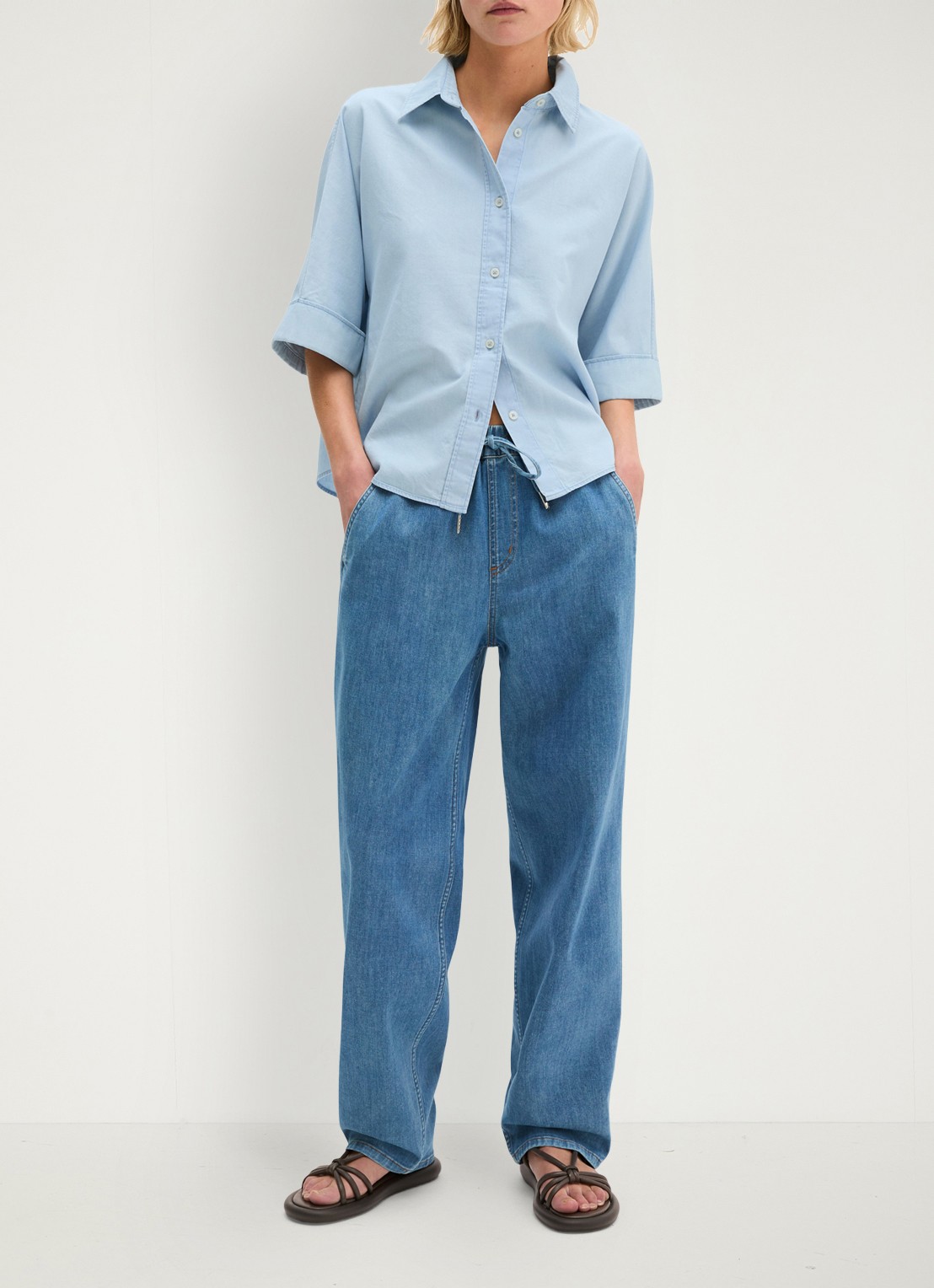 Marc O'Polo Blouse van denim met korte mouwen - voorkant 2 light blue multi 02 / blauw