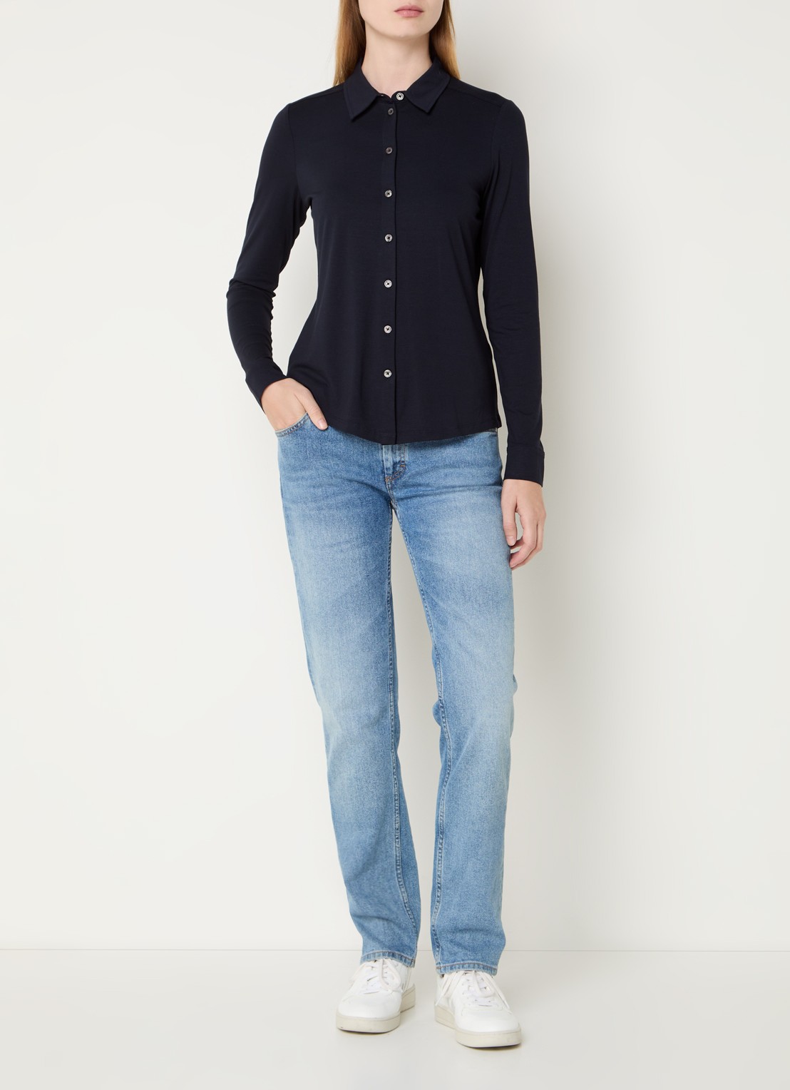Marc O'Polo Blouse van jersey met stretch - voorkant 3 donkerblauw