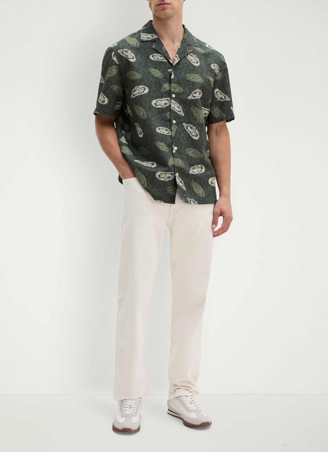 Marc O'Polo Blouse van katoen en linnen met print - voorkant 2 dark green_multi_05-3062 / groen