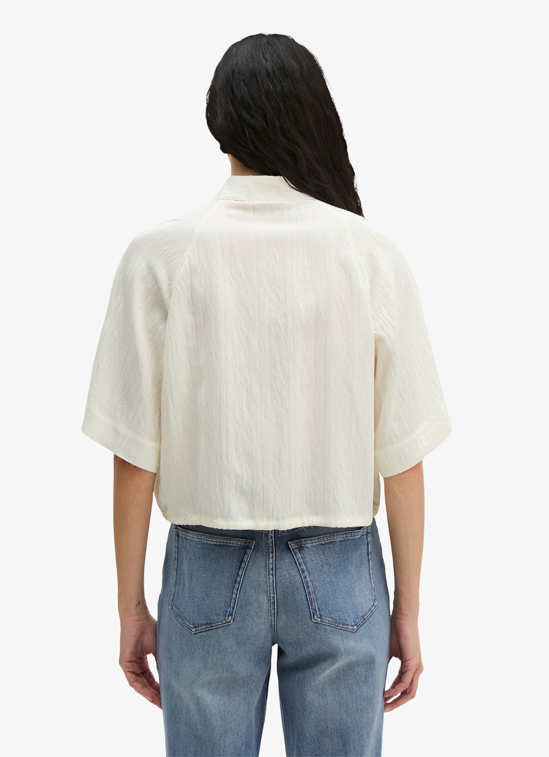 Marc O'Polo Cropped blouse met korte mouw en strik detail - achterkant white multi 01 / wit