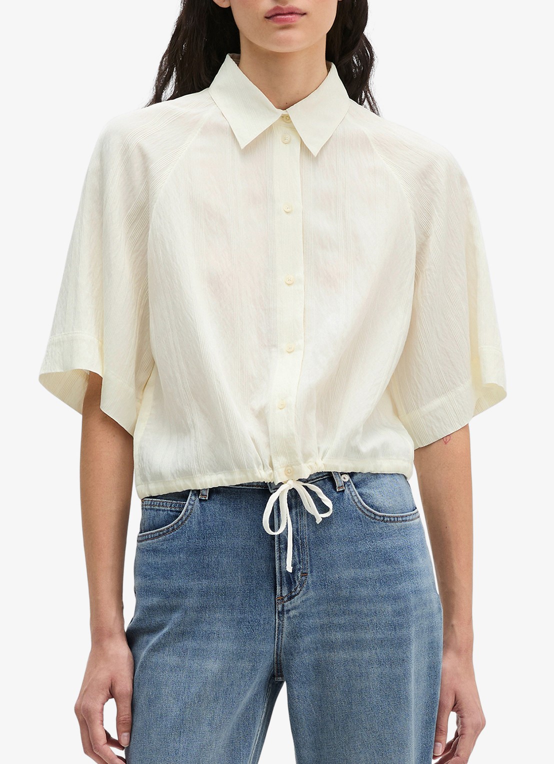 Marc O'Polo Cropped blouse met korte mouw en strik detail - detail 4 white multi 01 / wit