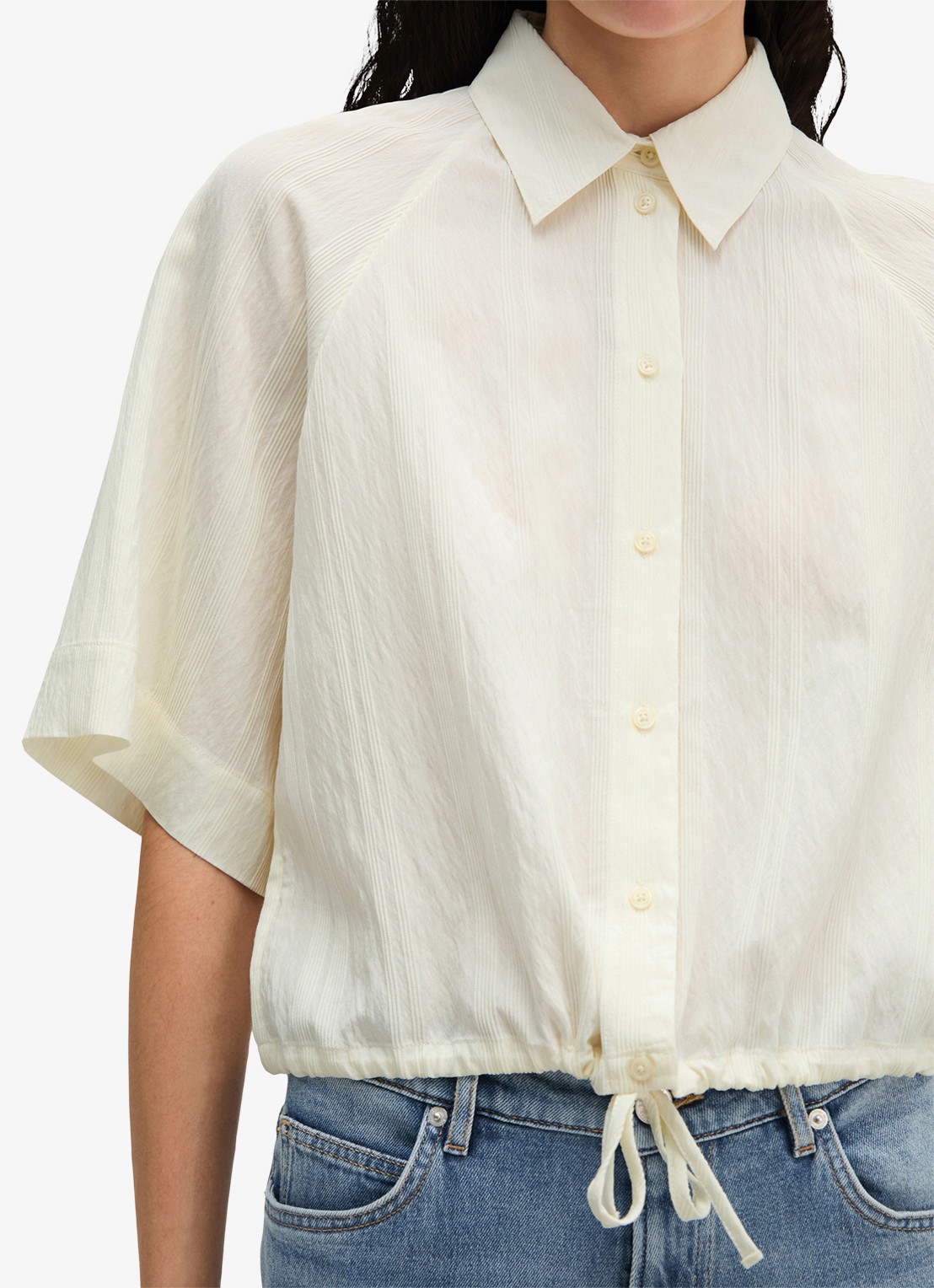 Marc O'Polo Cropped blouse met korte mouw en strik detail - detail 5 white multi 01 / wit