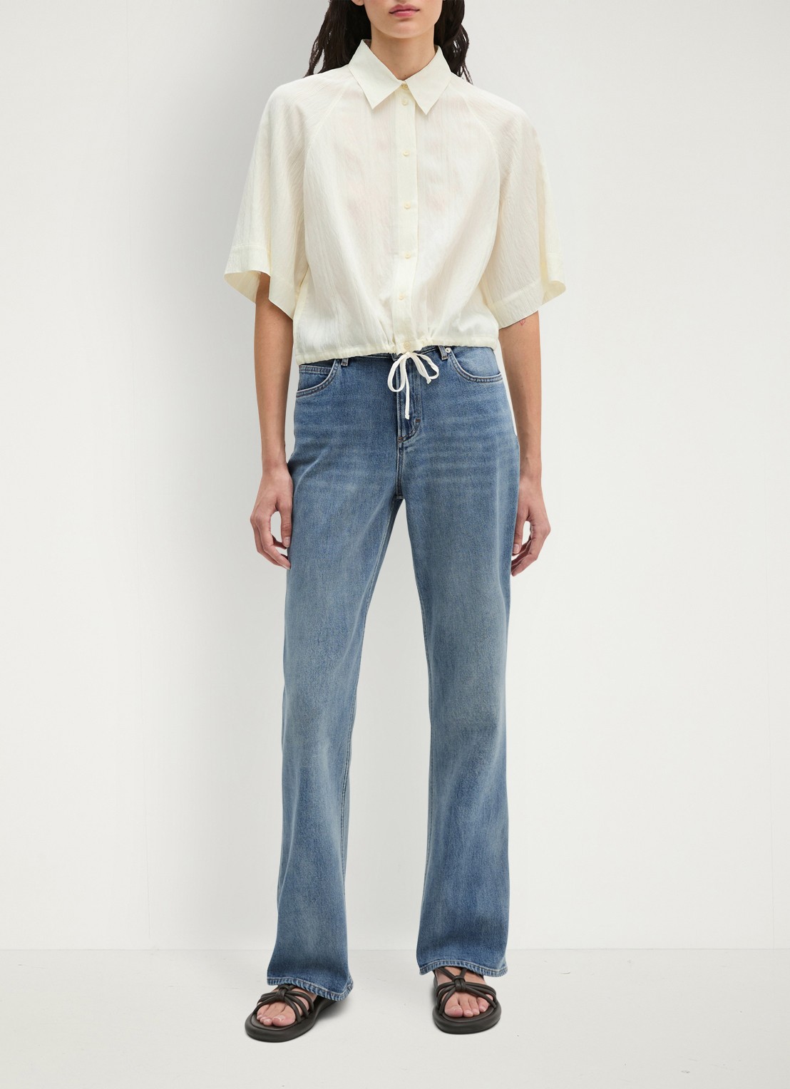 Marc O'Polo Cropped blouse met korte mouw en strik detail - voorkant 3 white multi 01 / wit