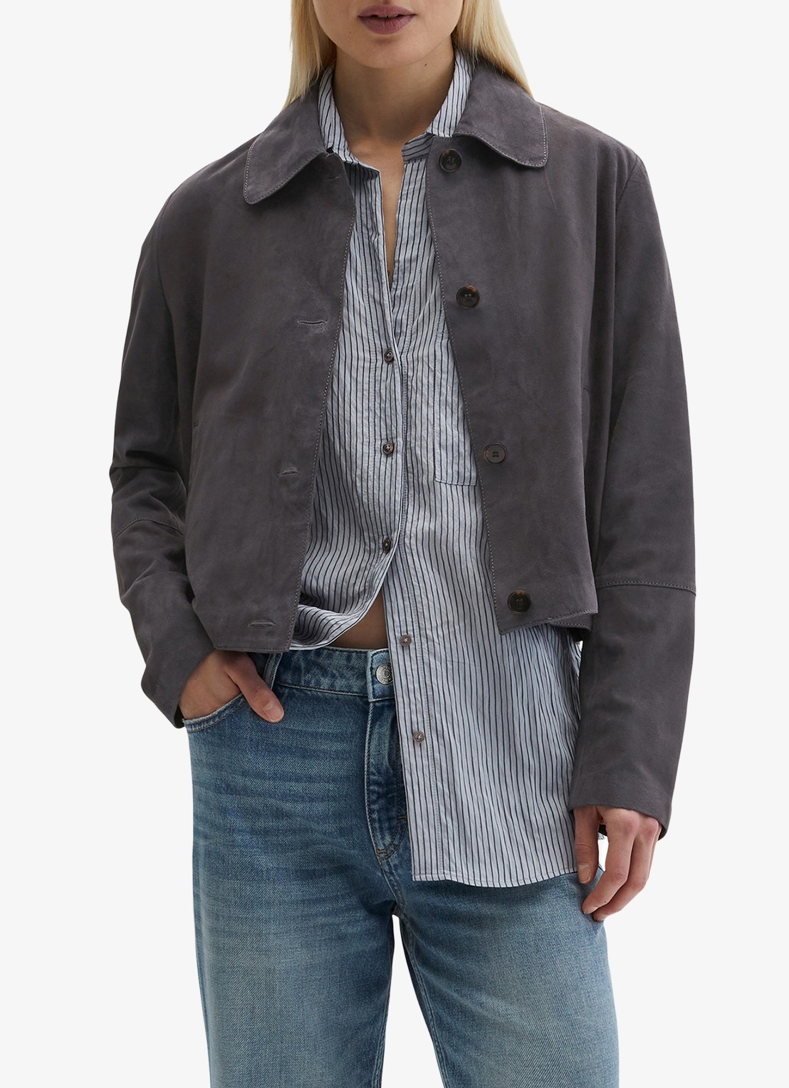 Marc O'Polo Cropped jack met steekzakken - detail 3 donkergrijs