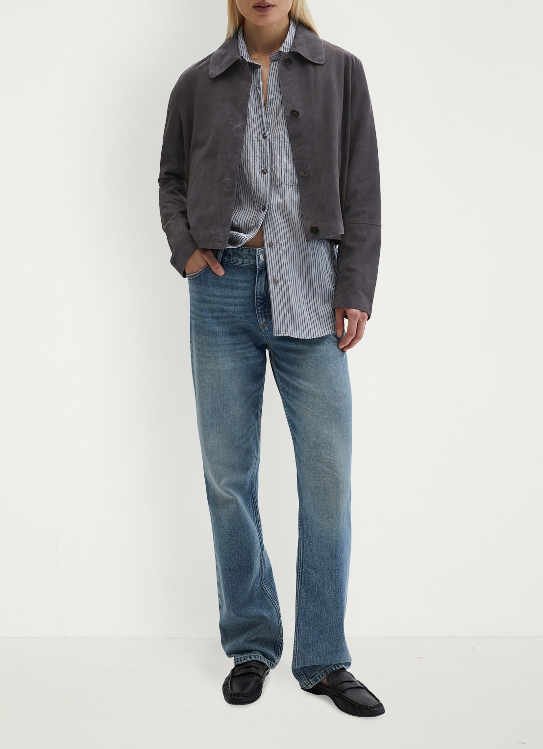 Marc O'Polo Cropped jack met steekzakken - voorkant 2 donkergrijs