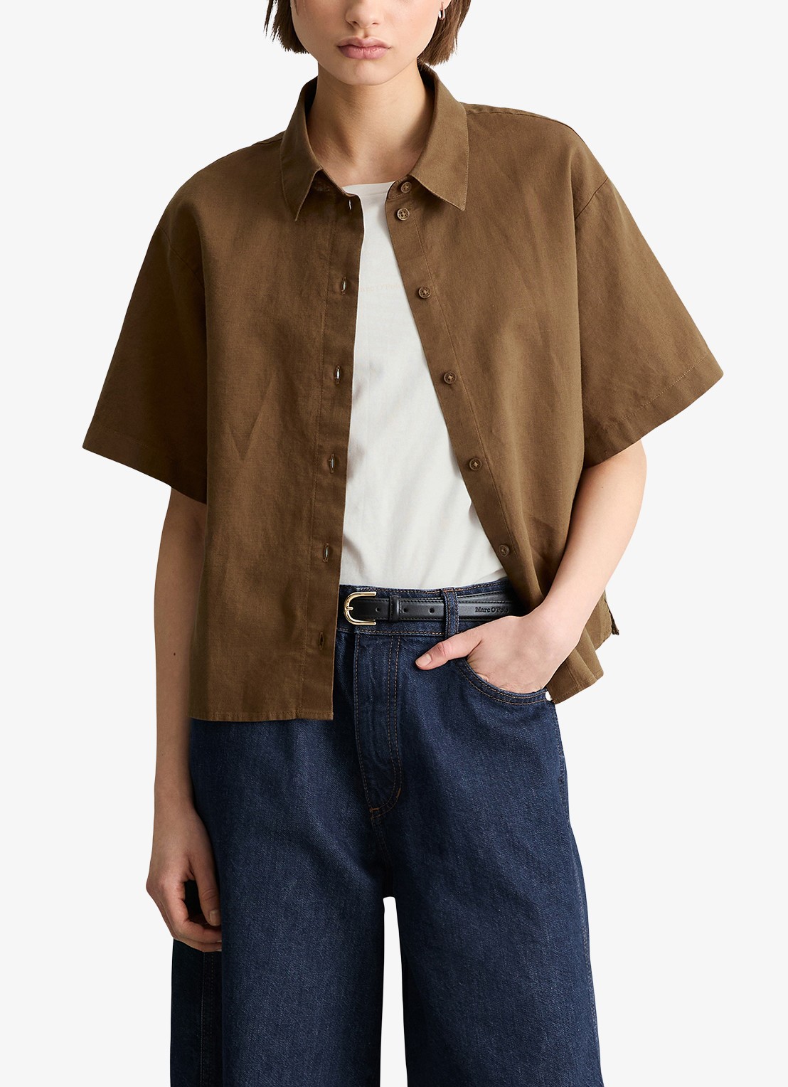 Marc O'Polo Denim Blouse in linnenblend - detail 2 umbra brown-1624 / bruin