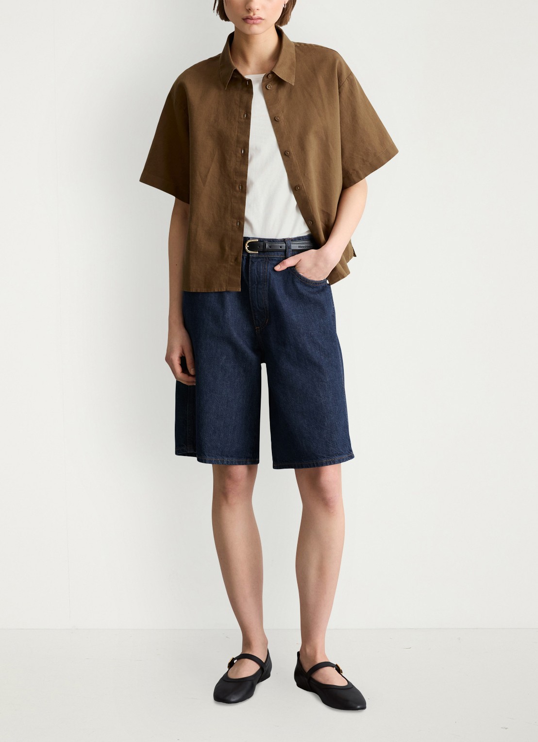 Marc O'Polo Denim Blouse in linnenblend - voorkant 5 umbra brown-1624 / bruin