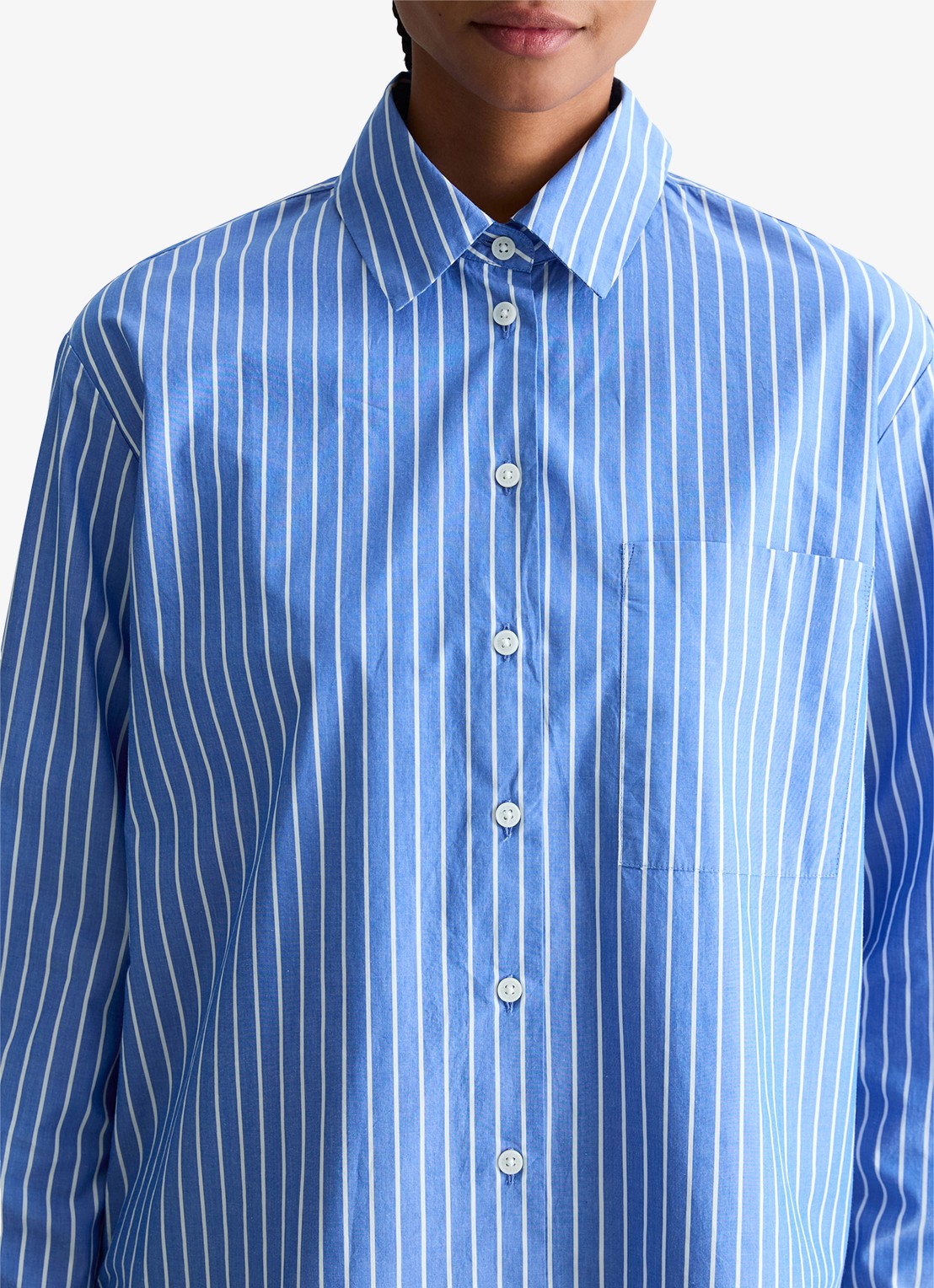 Marc O'Polo Denim Blouse met streepprint en borstzak - detail 2 blauw