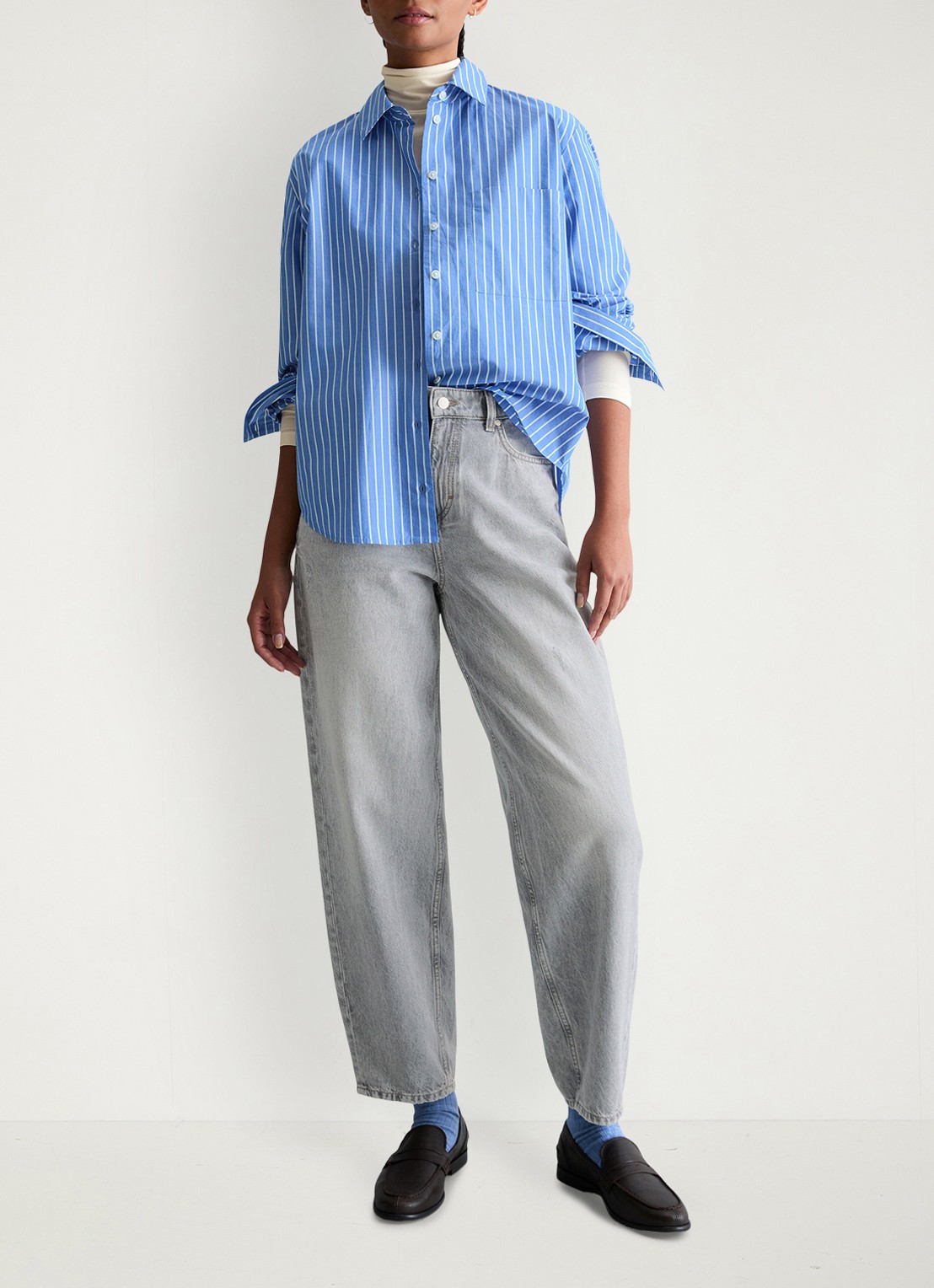 Marc O'Polo Denim Blouse met streepprint en borstzak - voorkant 5 blauw