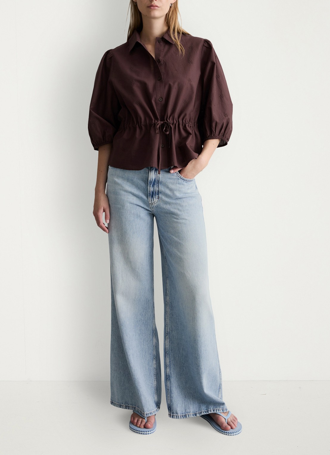 Marc O'Polo Denim Blouse met strikceintuur - voorkant 4 burnt aubergine-6929 / paars