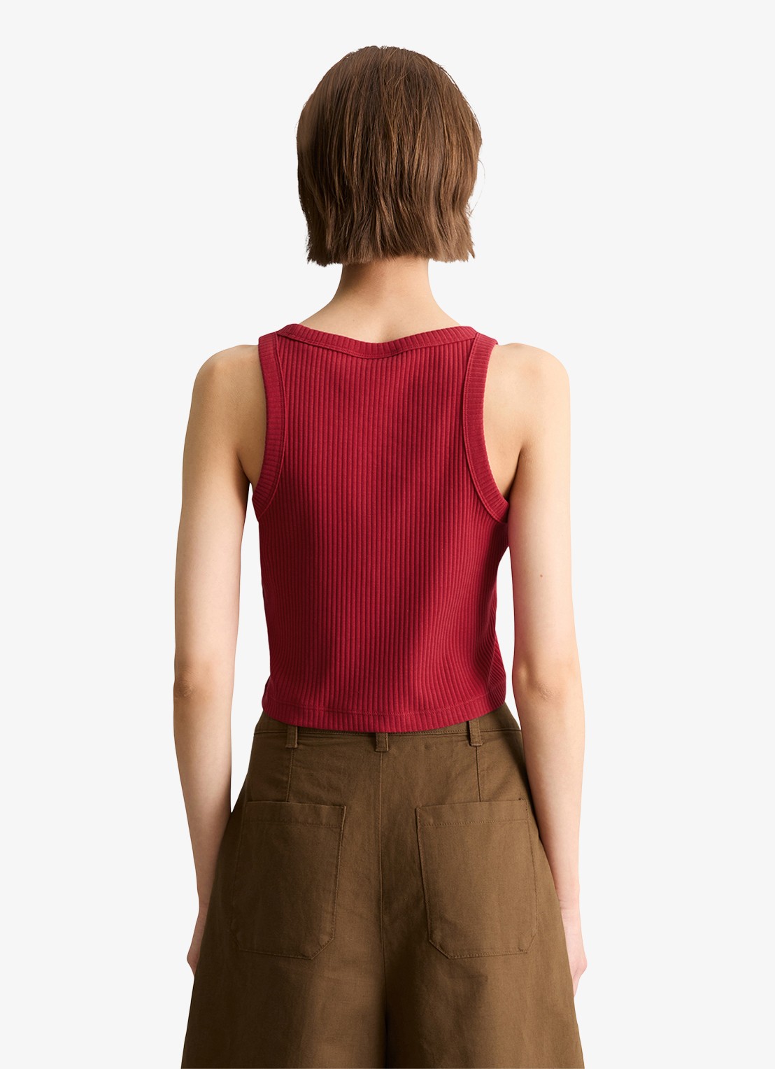 Marc O'Polo Denim Cropped tanktop met ribstructuur - achterkant kersenrood