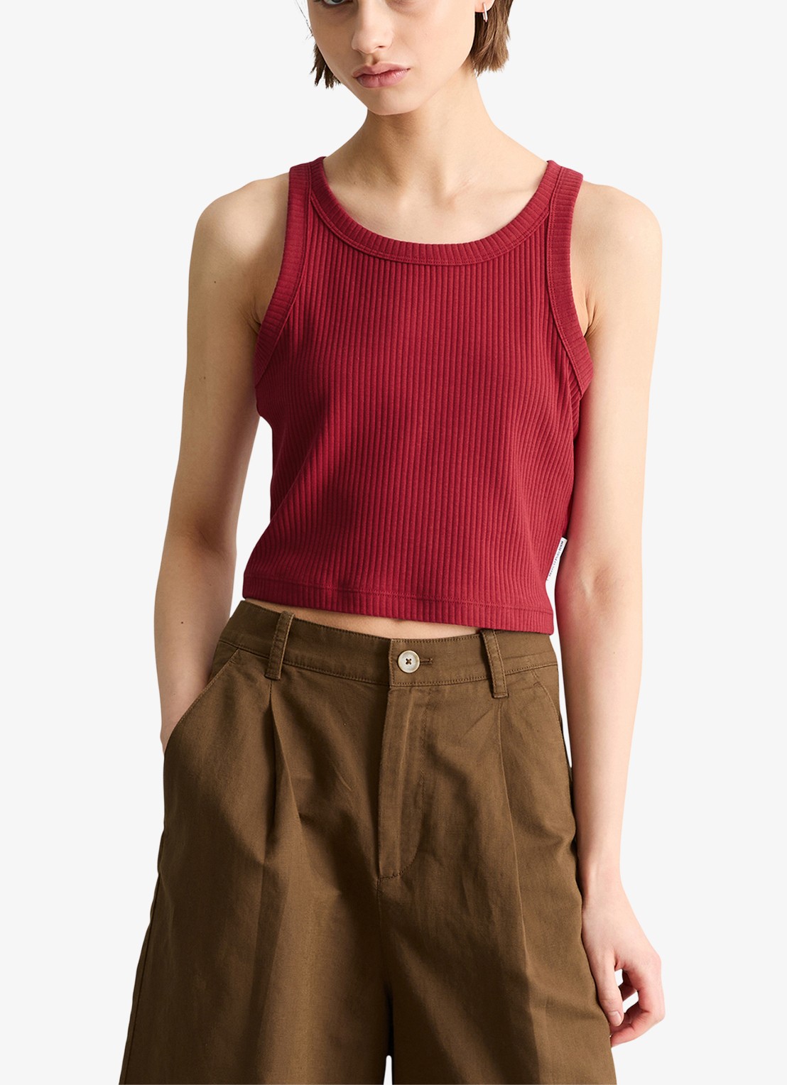 Marc O'Polo Denim Cropped tanktop met ribstructuur - detail 2 kersenrood