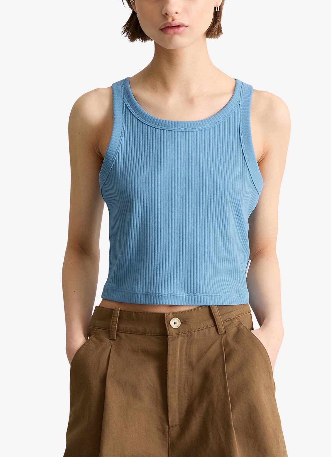 Marc O'Polo Denim Cropped tanktop met ribstructuur - detail 4 blauw