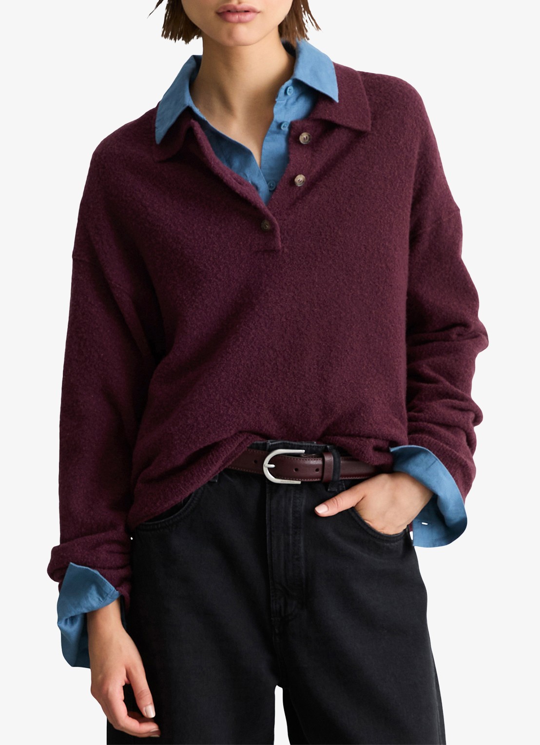 Marc O'Polo Denim Fijngebreide trui met polokraag - detail 4 bordeauxrood