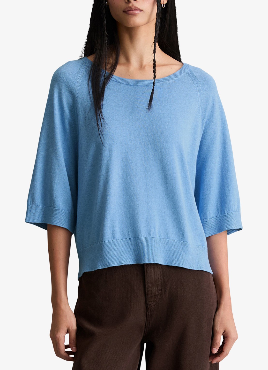 Marc O'Polo Denim Fijngebreide trui met vleermuis mouw - detail medium blue 4840-4840 / blauw