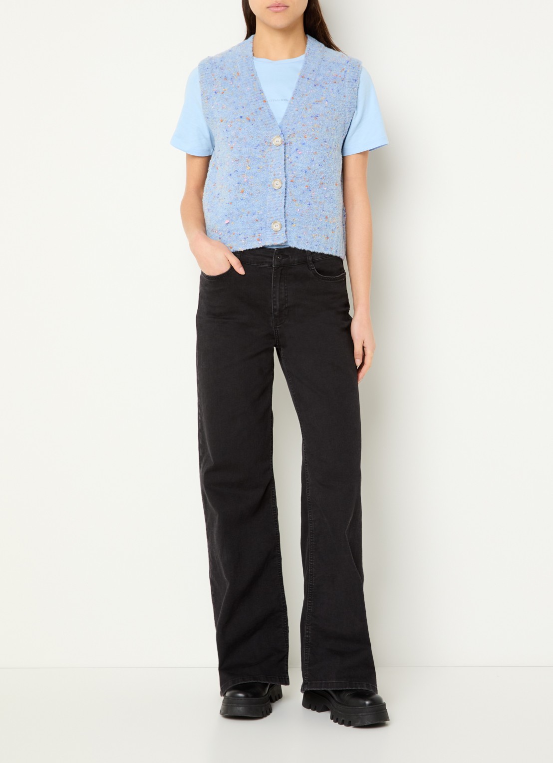 Marc O'Polo Denim Grofgebreid gilet in scheerwolblend - voorkant 2 blauwgrijs