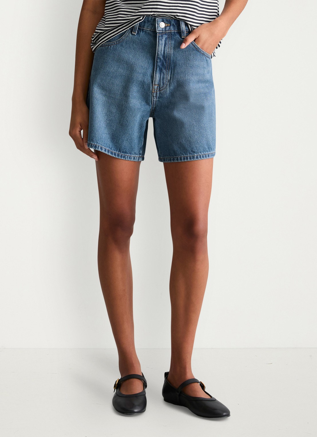 Marc O'Polo Denim High waist loose fit korte broek van denim - detail indigo