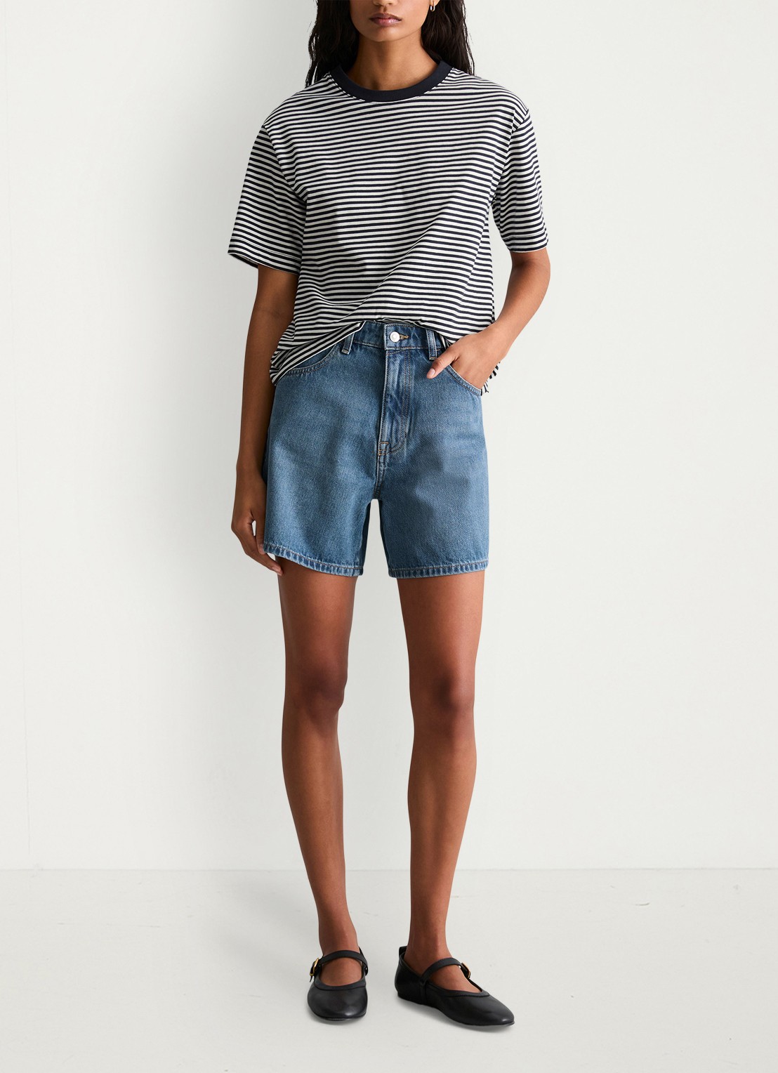 Marc O'Polo Denim High waist loose fit korte broek van denim - voorkant 5 indigo