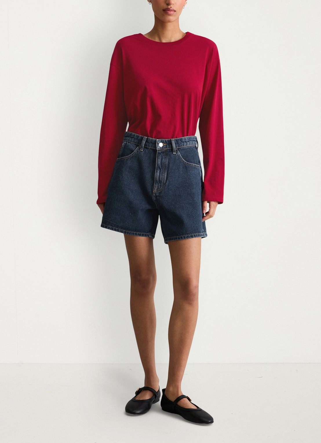 Marc O'Polo Denim High waist loose fit korte broek van denim - voorkant 2 donkerblauw