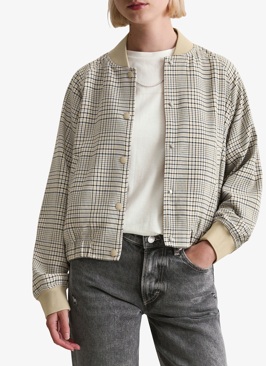 Marc O'Polo Denim Jack met ruitdessin en steekzakken - detail beige