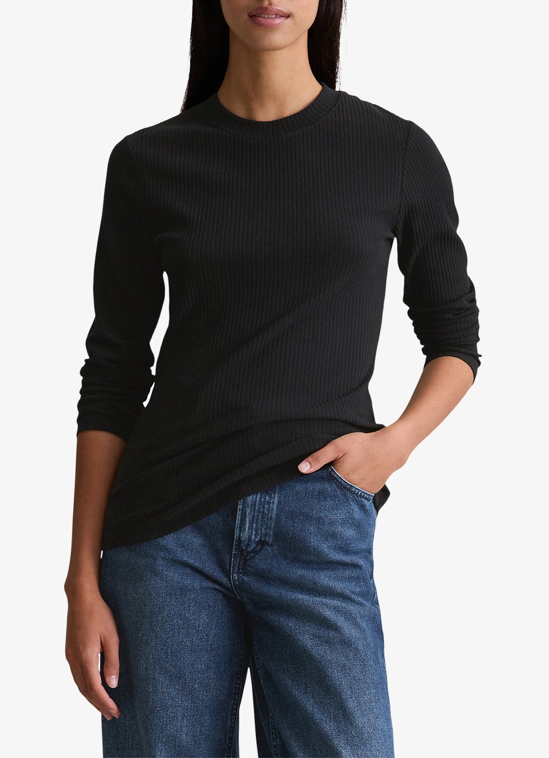 Marc O'Polo Denim Longsleeve met ribstructuur - detail 4 zwart