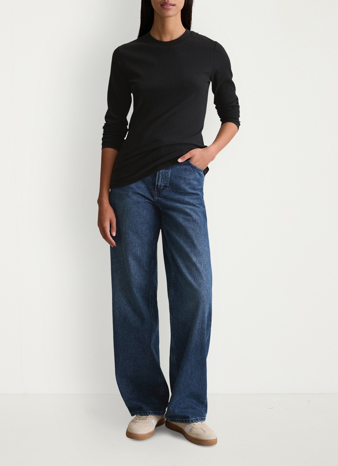 Marc O'Polo Denim Longsleeve met ribstructuur - voorkant 2 zwart