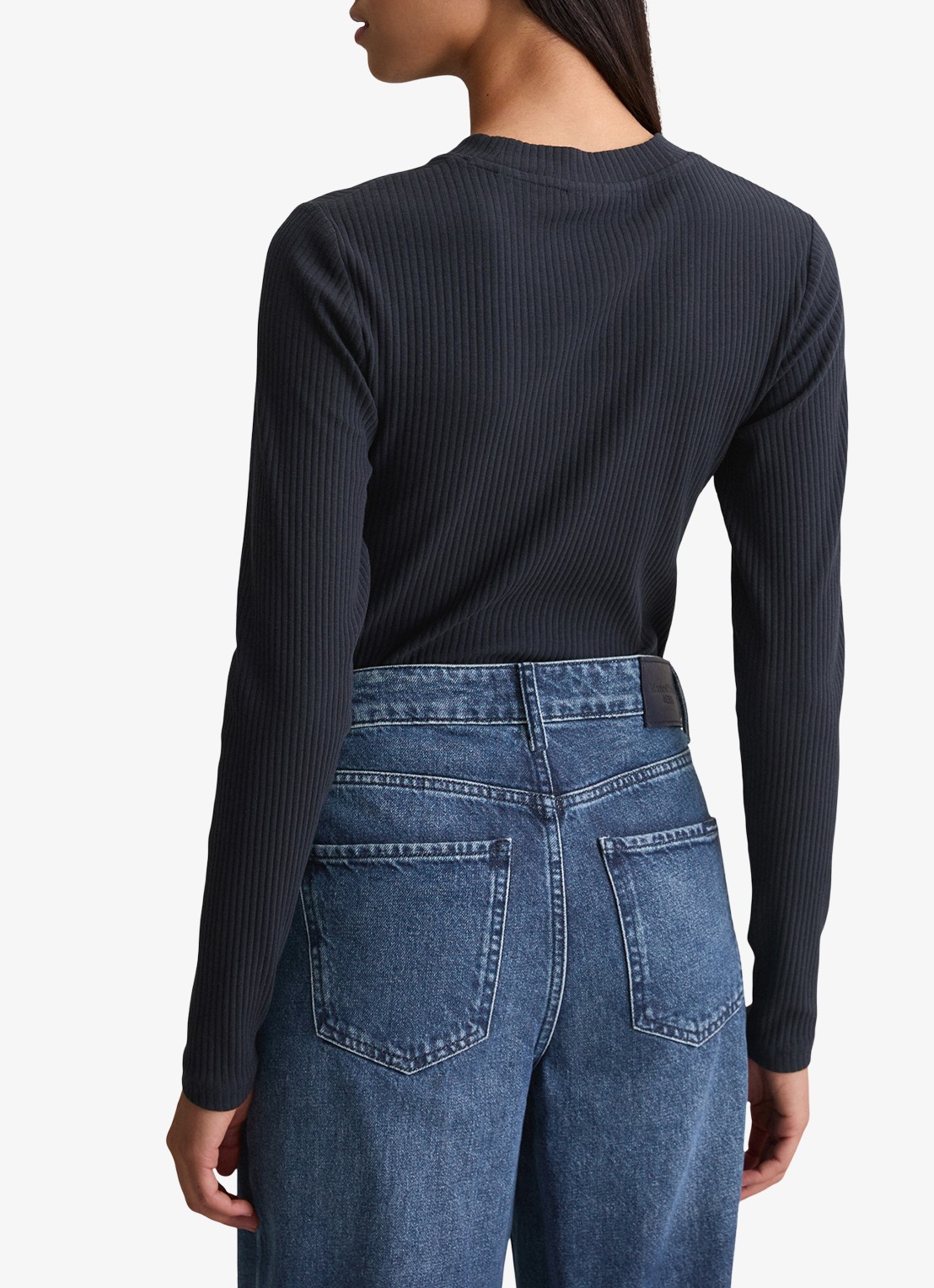 Marc O'Polo Denim Longsleeve met ribstructuur - achterkant donkerblauw
