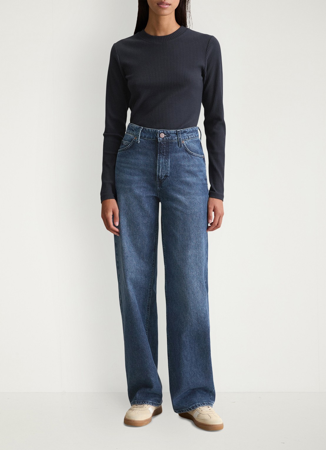 Marc O'Polo Denim Longsleeve met ribstructuur - voorkant 3 donkerblauw