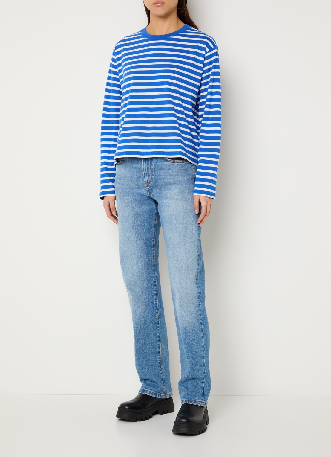 Marc O'Polo Denim Longsleeve met streepprint - voorkant 2 donkerblauw