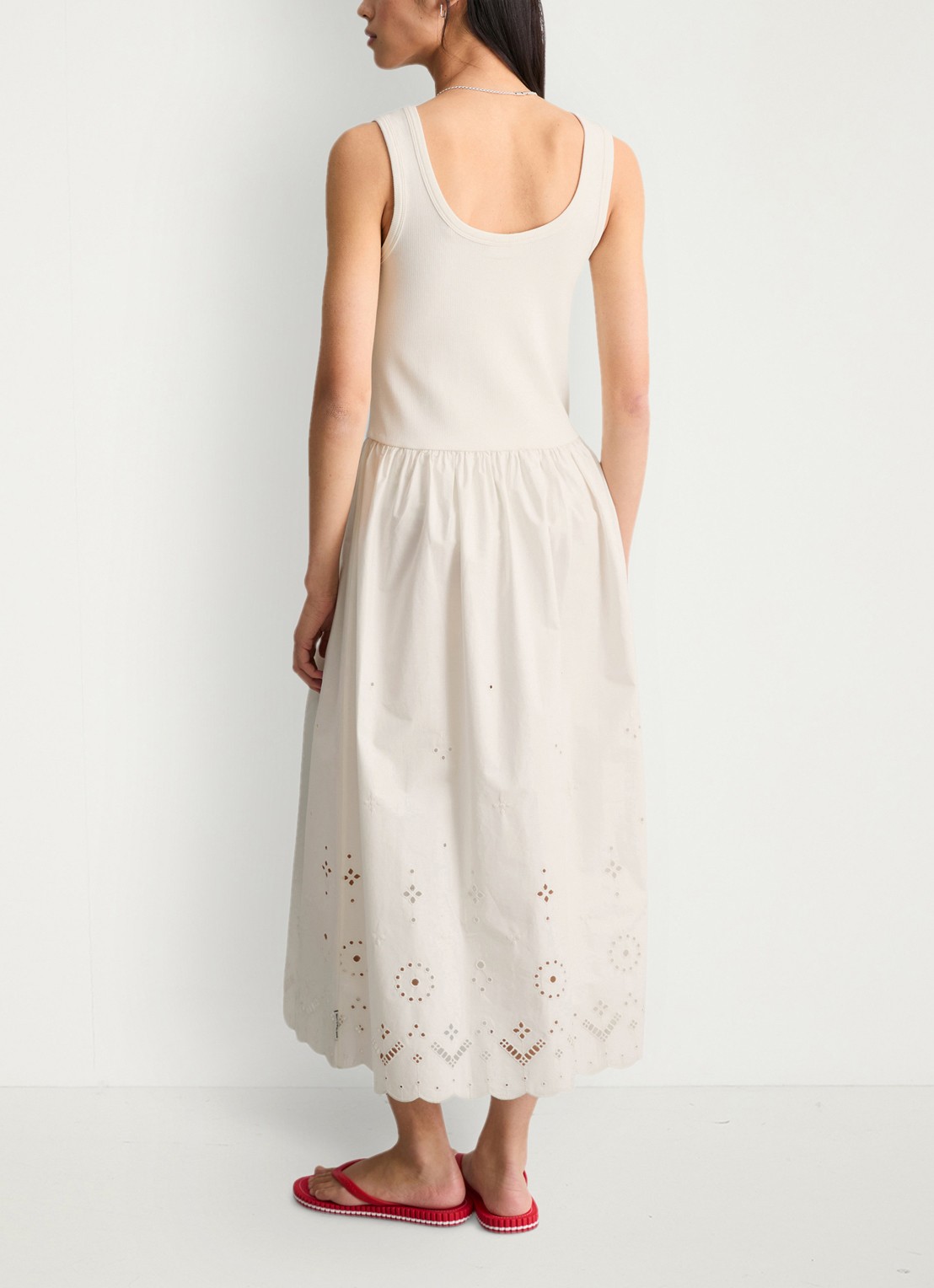 Marc O'Polo Denim Midi jurk met plooien en broderie - achterkant 3 silky white-1183 / wit