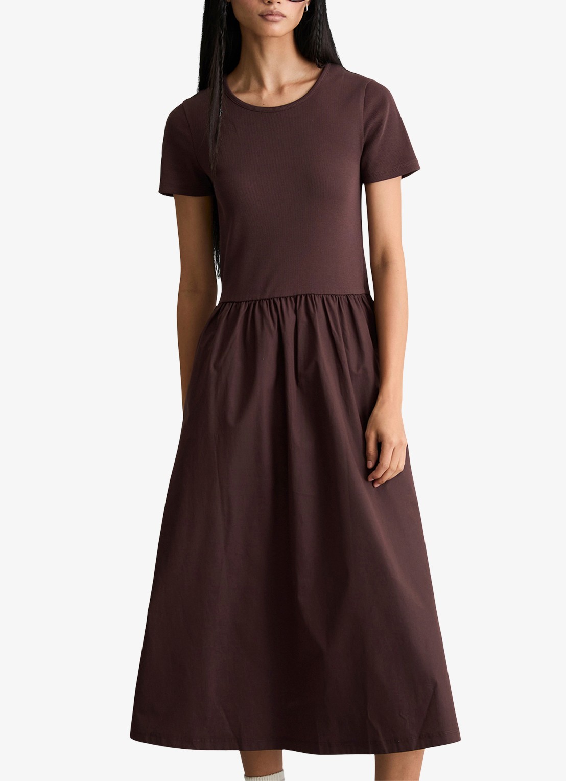 Marc O'Polo Denim Midi jurk met plooien - detail 2 burnt aubergine-6929 / paars