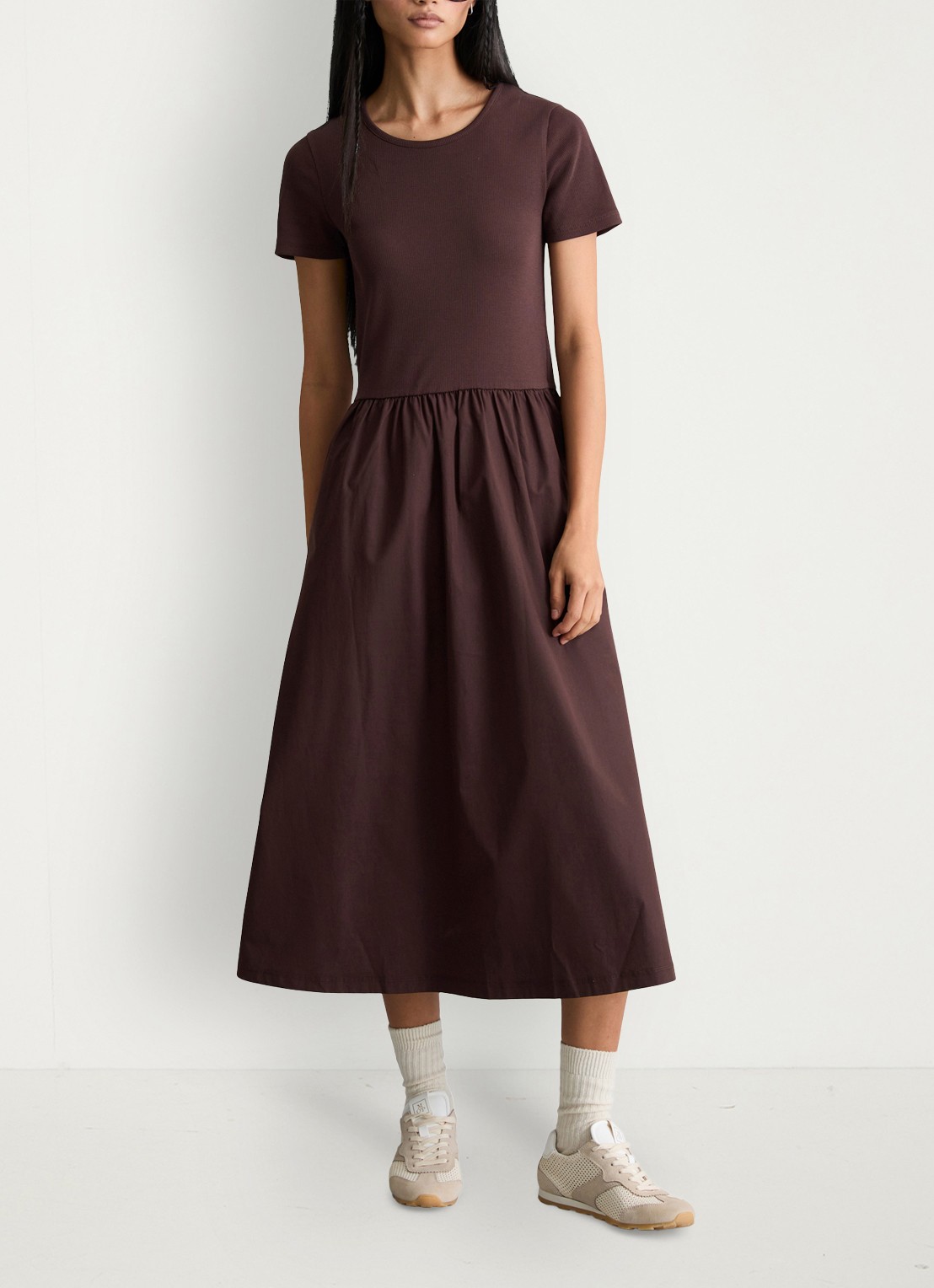 Marc O'Polo Denim Midi jurk met plooien - voorkant 5 burnt aubergine-6929 / paars