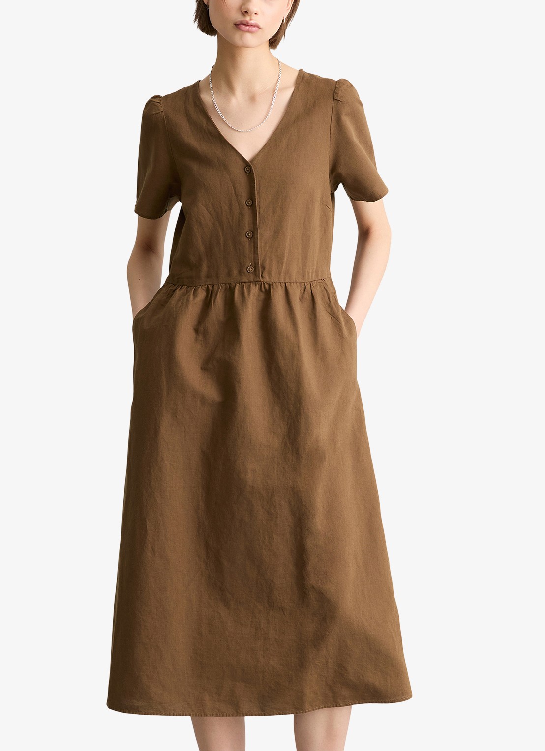 Marc O'Polo Denim Midi jurk met steekzakken - detail umbra brown-1624 / bruin