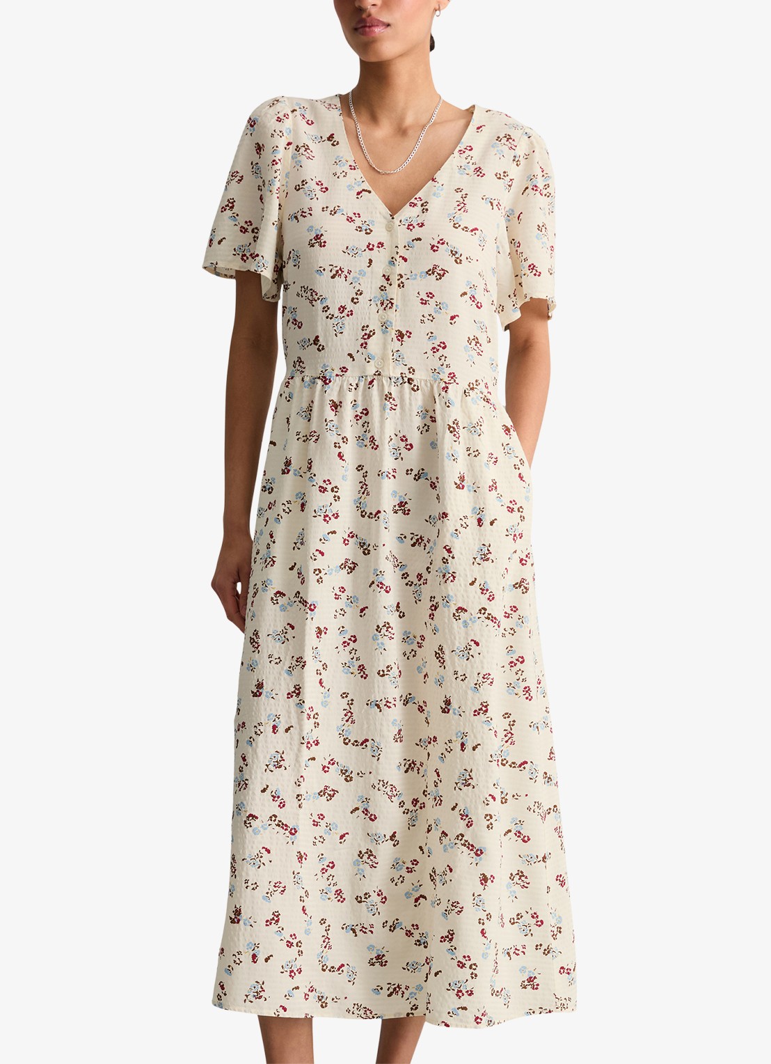 Marc O'Polo Denim Midi jurk van katoenblend met grafische print en V-hals - detail 4 offwhite multi 01-1257 / wit