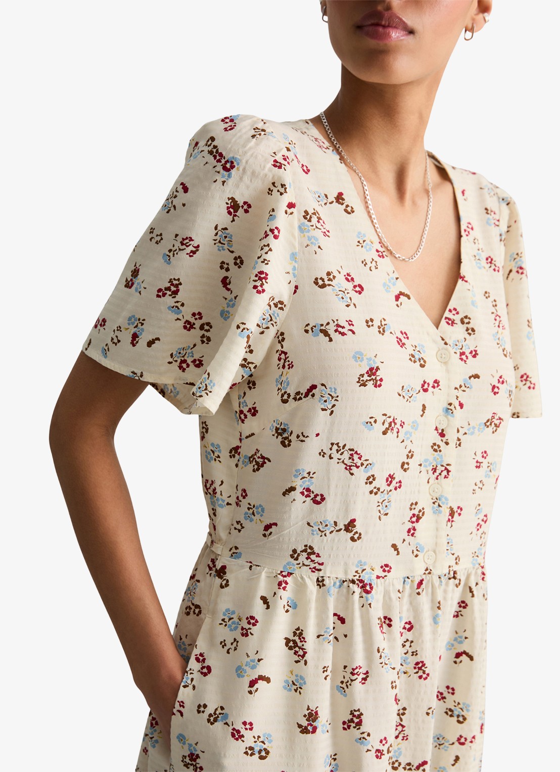 Marc O'Polo Denim Midi jurk van katoenblend met grafische print en V-hals - detail 5 offwhite multi 01-1257 / wit