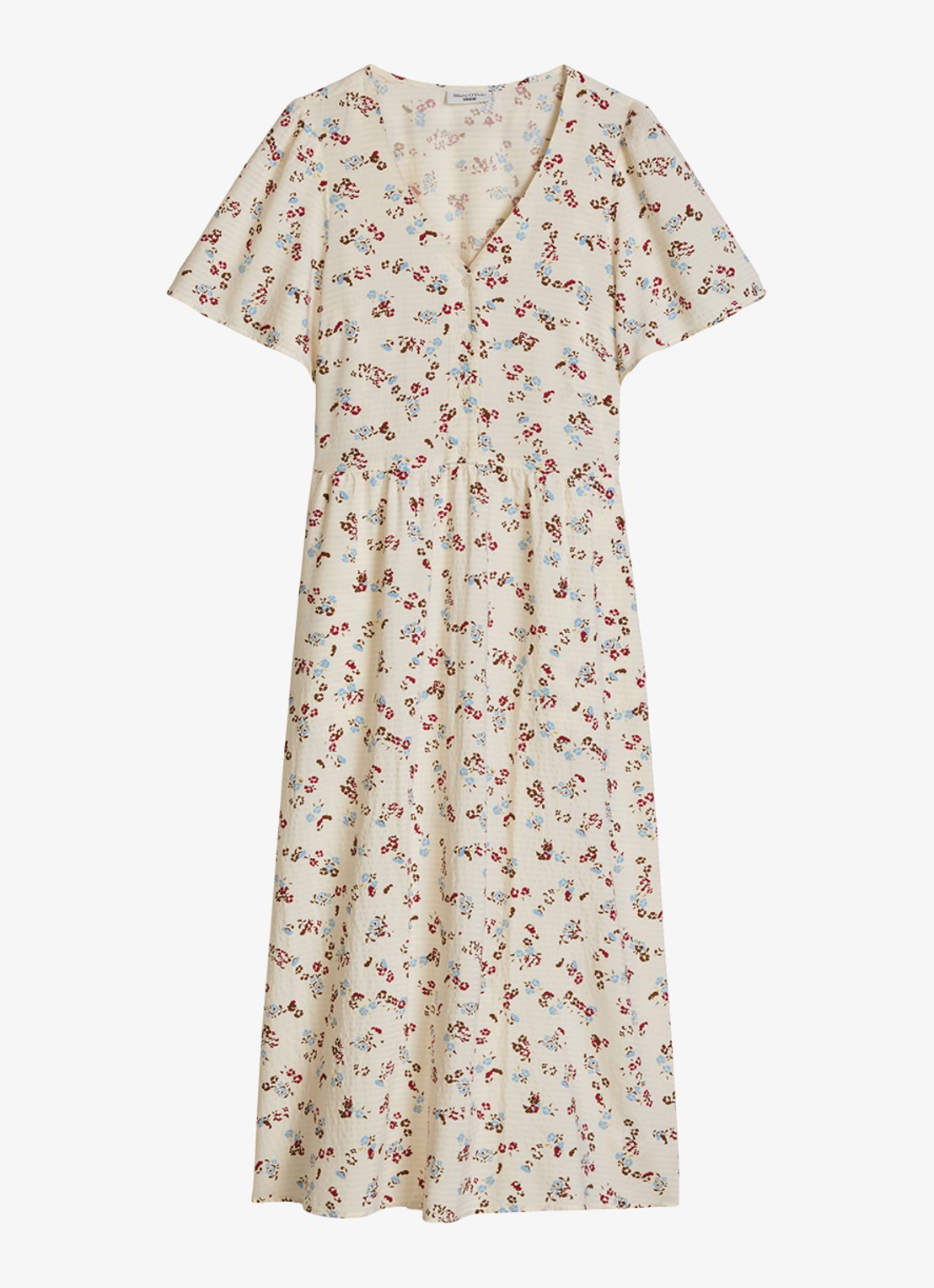 Marc O'Polo Denim Midi jurk van katoenblend met grafische print en V-hals - voorkant 2 offwhite multi 01-1257 / wit