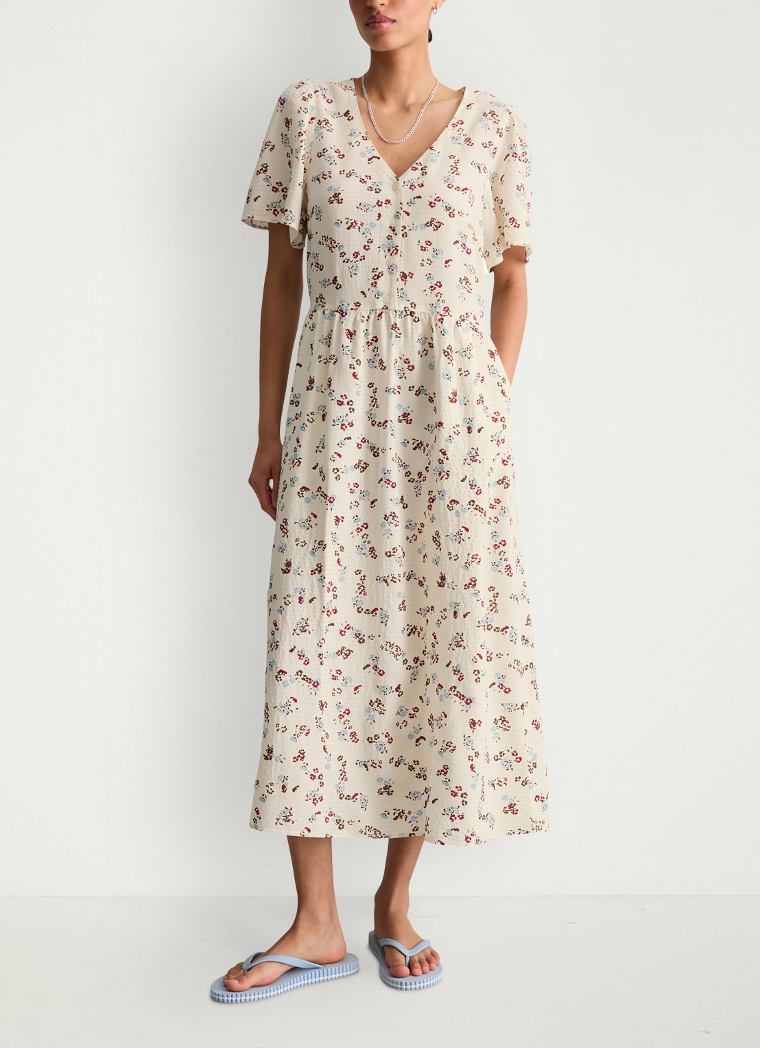 Marc O'Polo Denim Midi jurk van katoenblend met grafische print en V-hals - voorkant 3 offwhite multi 01-1257 / wit