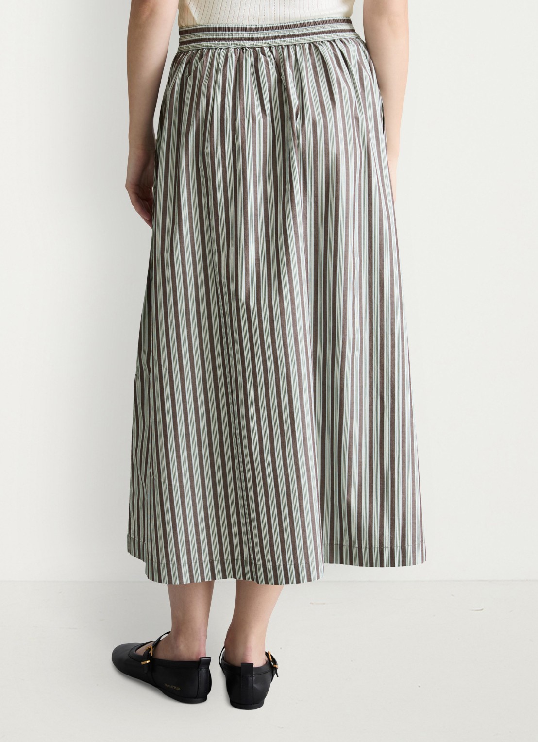 Marc O'Polo Denim Midi rok van katoen met streepprint en elastische band - achterkant 3 dark brown multi 02-1544 / bruin