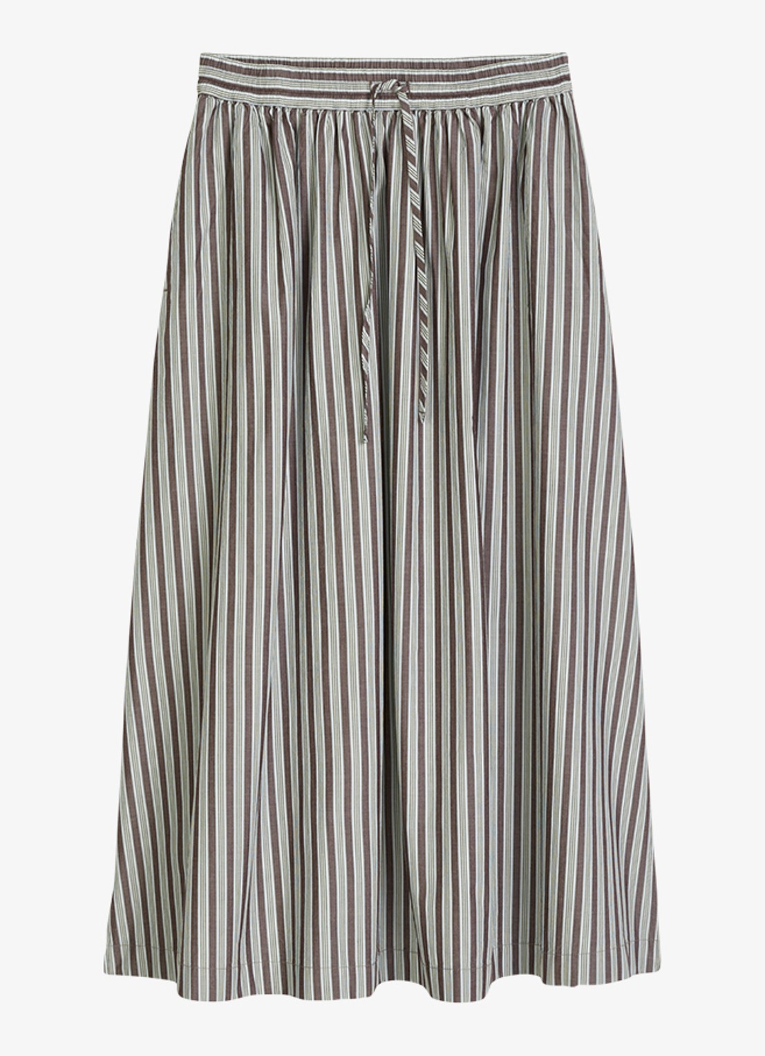 Marc O'Polo Denim Midi rok van katoen met streepprint en elastische band - voorkant dark brown multi 02-1544 / bruin